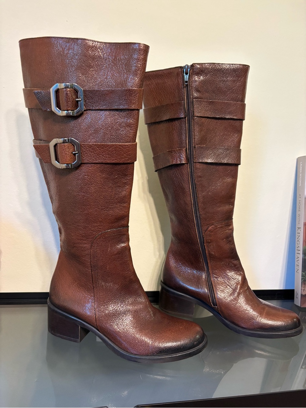 Women's Brown Leather Mid-Calf Heeled Boots with Buckle Detail